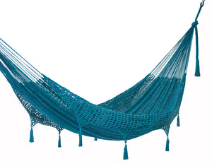 305 cm Adjustable Universal Steel Hammock Stand paired with Outdoor undercover cotton Mexican hammock  with hand crocheted tassels in 15 available catalog colours