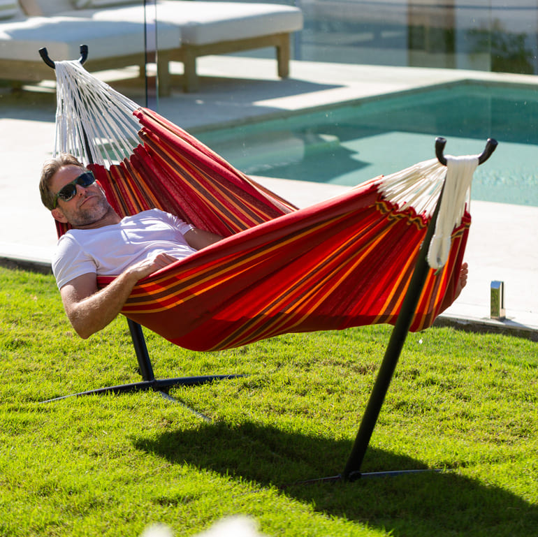 305 cm Adjustable Universal Steel Hammock Stand  paired with Double Cotton Colombian Style Hammock in 3 available colours