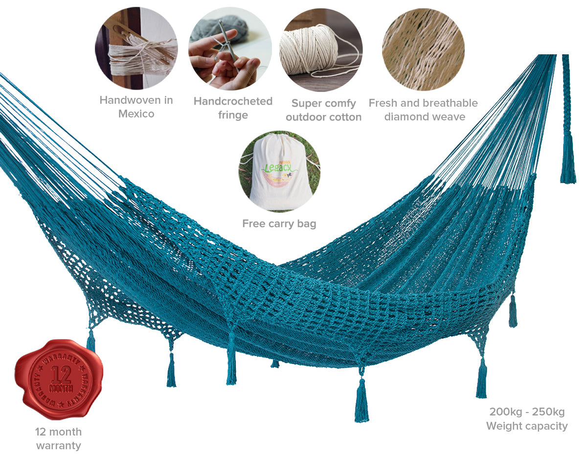 Authentic Mexican Deluxe Outdoor Undercover Cotton Hammock in Teal