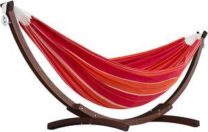 250 cm Wooden Arc Hammock Stand paired with Double Cotton Brazilian Hammock in 5 available colours