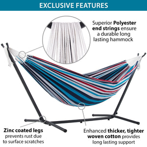 250 cm Adjustable Universal Steel Hammock Stand  paired with Double Cotton Brazilian Hammock in 11 available colours