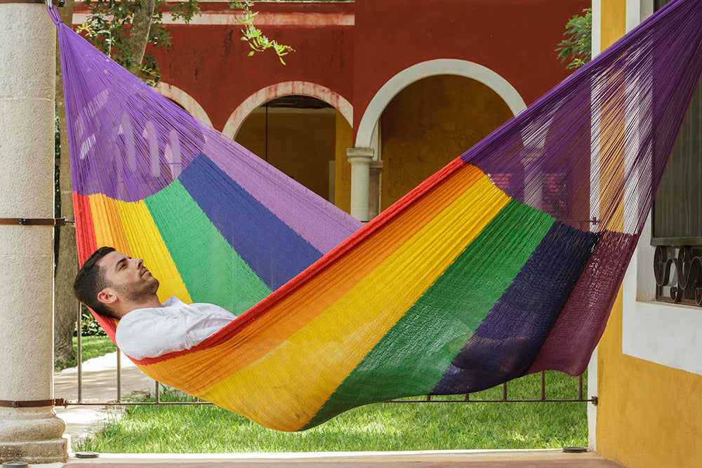 Authentic Mexican Cotton Hammock in Rainbow