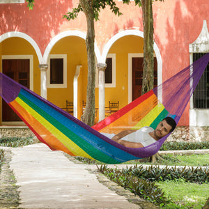 Authentic Mexican Outdoor Undercover Nylon Hammock  in Rainbow