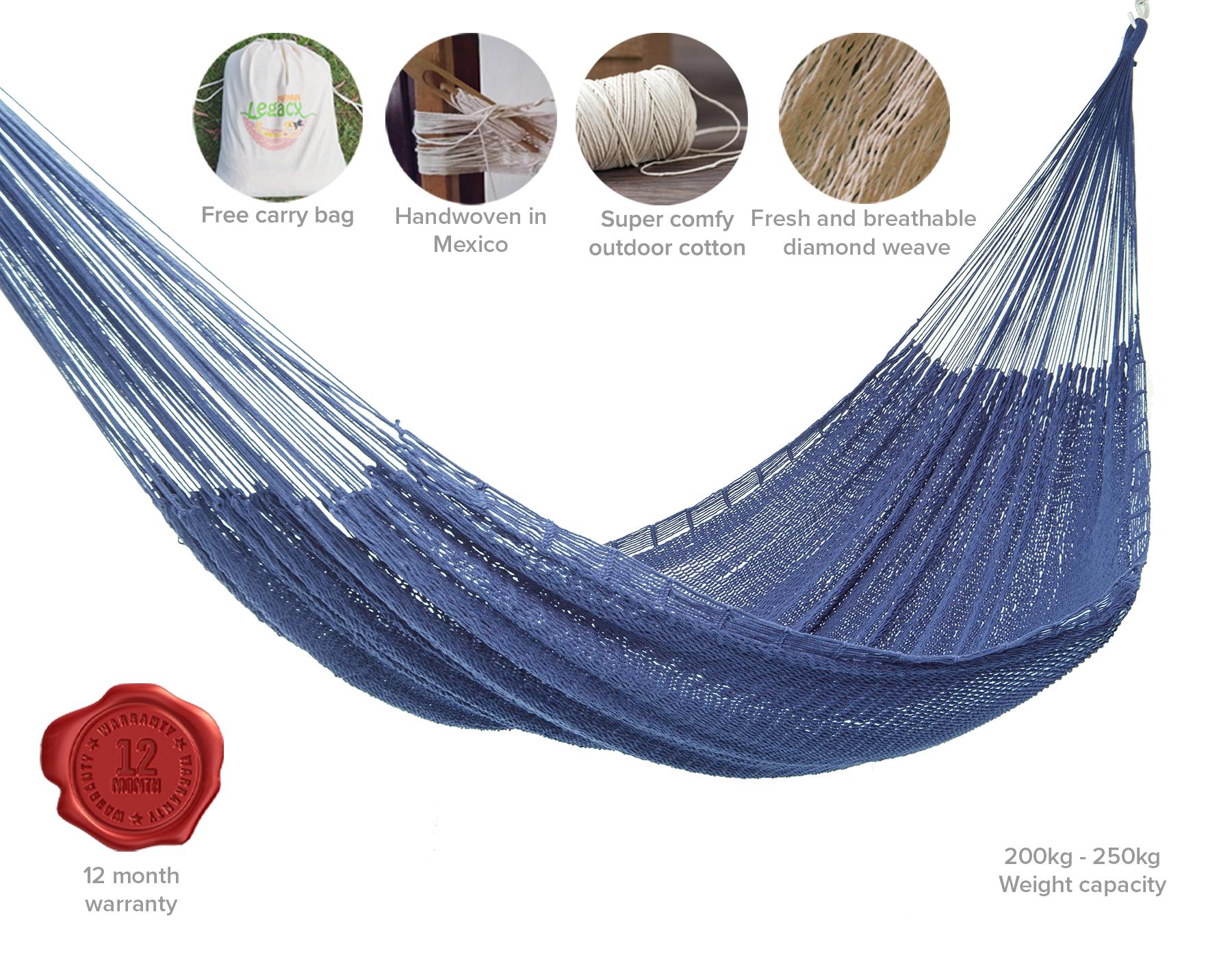 Authentic Mexican Outdoor Undercover Cotton Hammock in Rich Blue