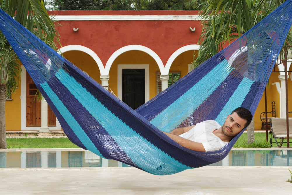 Authentic Mexican Outdoor Undercover Cotton Hammock in Caribean Blue
