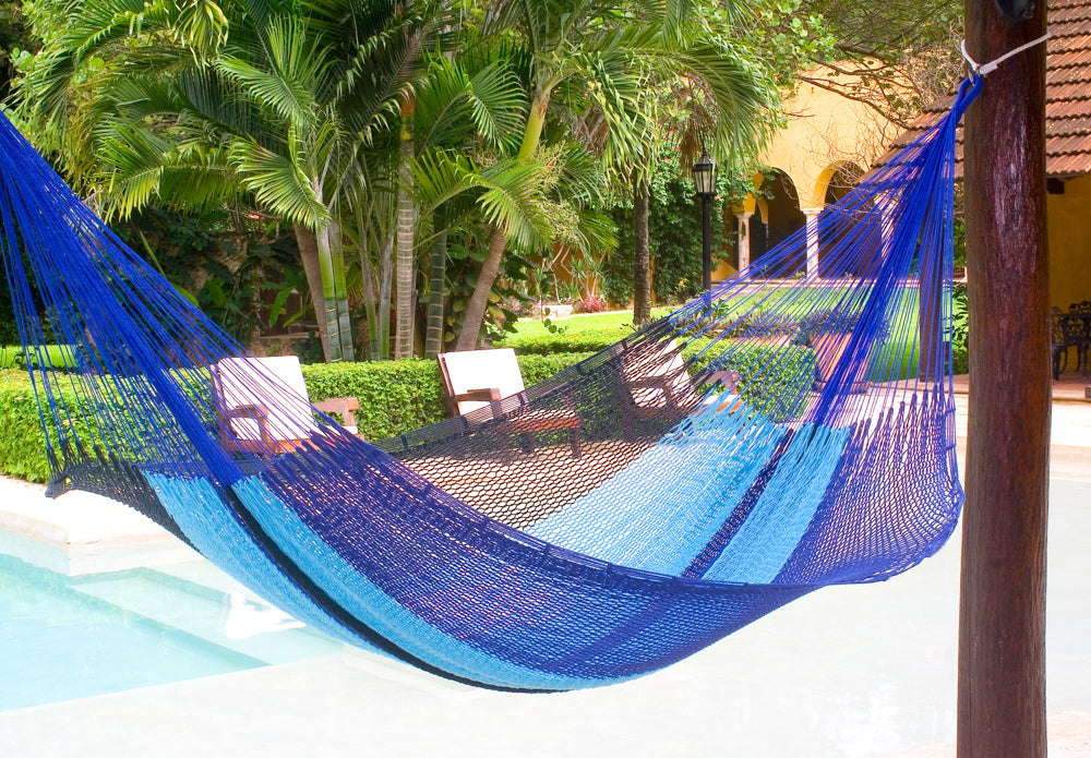 Authentic Mexican Outdoor Undercover Cotton Hammock in Caribean Blue