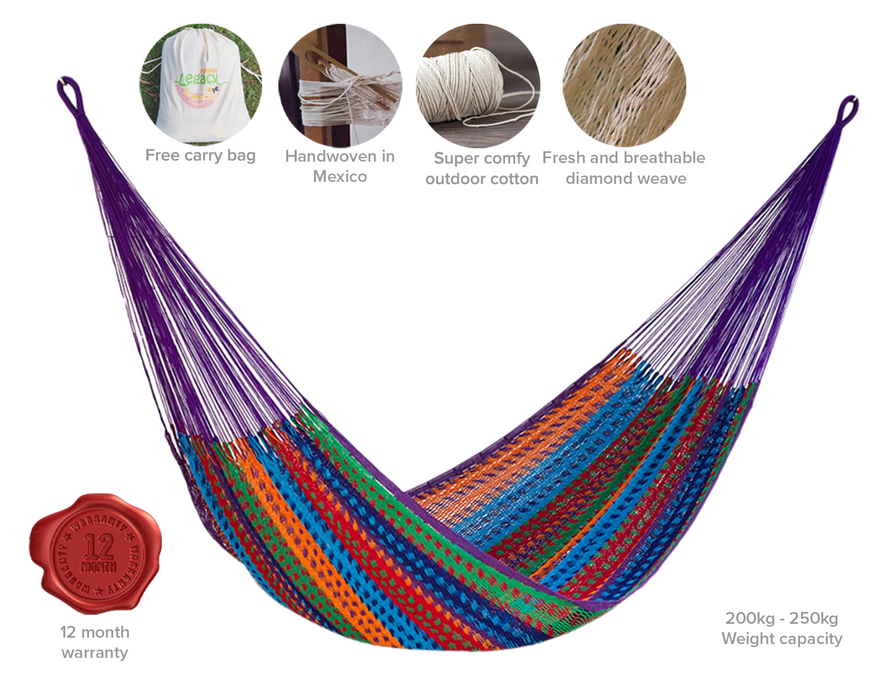 Authentic Mexican Outdoor Undercover Cotton Hammock in Colorina