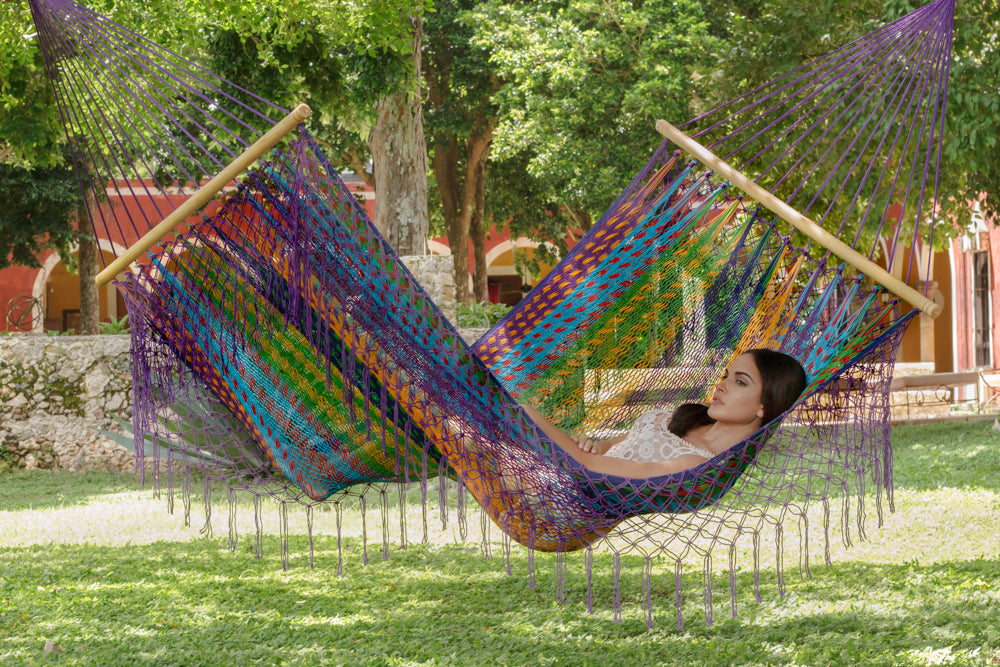 Authentic Mexican Deluxe Outdoor Undercover Cotton Hammock with spreader bars - Colorina