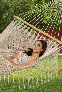 305 cm Wooden Arc Hammock Stand & Mayan Legacy Resort Mexican Hammock with macrame tassels on the sides