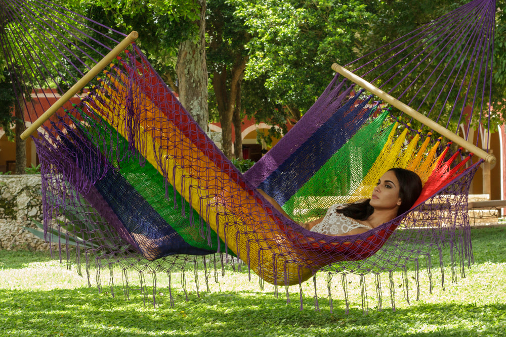 Authentic Mexican Deluxe Outdoor Undercover Cotton Hammock with spreader bars - Rainbow