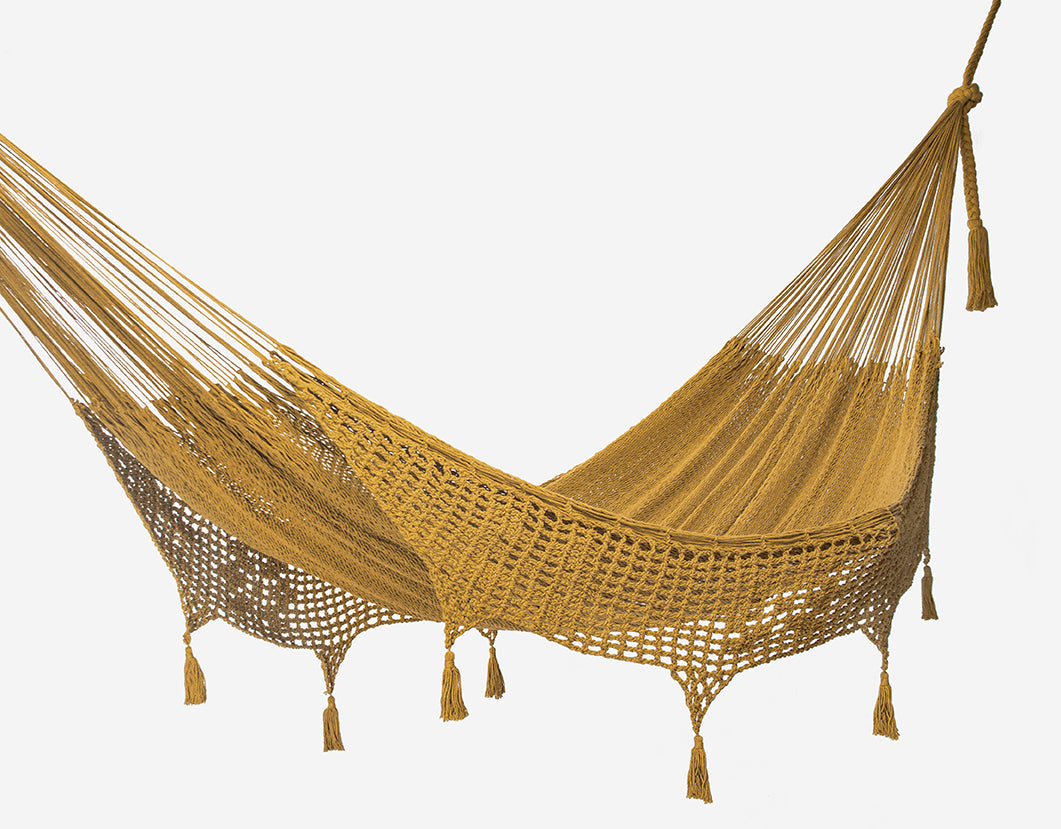 Authentic Mexican Deluxe Outdoor Undercover Cotton Hammock in Mustard