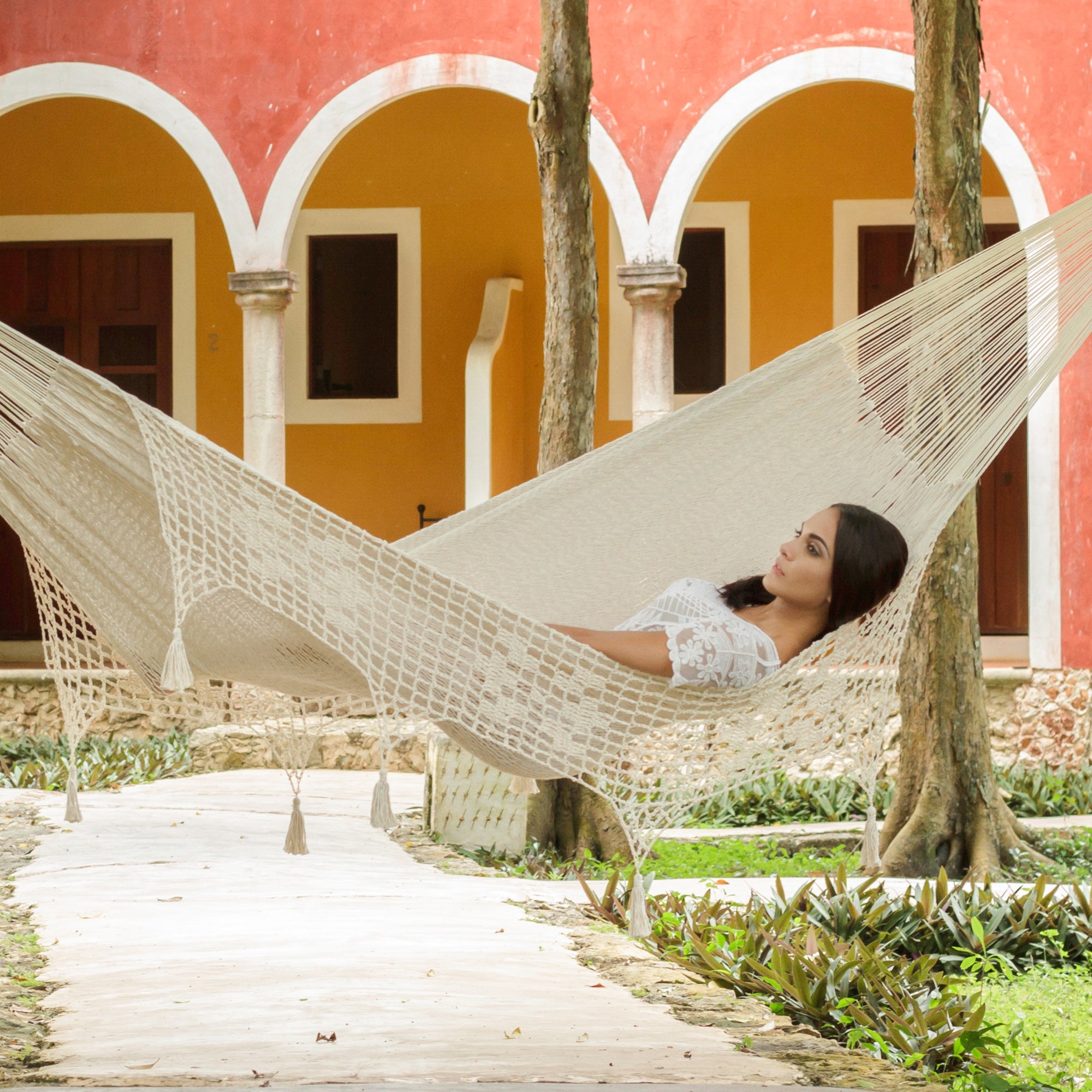 Authentic Mexican Deluxe Outdoor Undercover Cotton Hammock in Ivory
