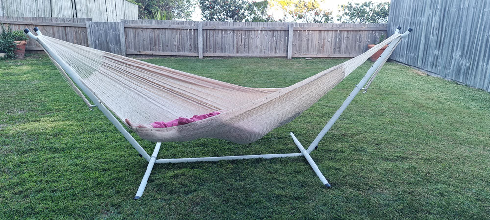 305 centimeters Universal Steel Hammock Stand paired with Outdoor all weather genuine Mexican hammock.