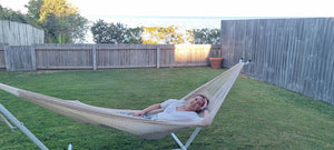 305 centimeters Universal Steel Hammock Stand paired with Outdoor all weather genuine Mexican hammock.